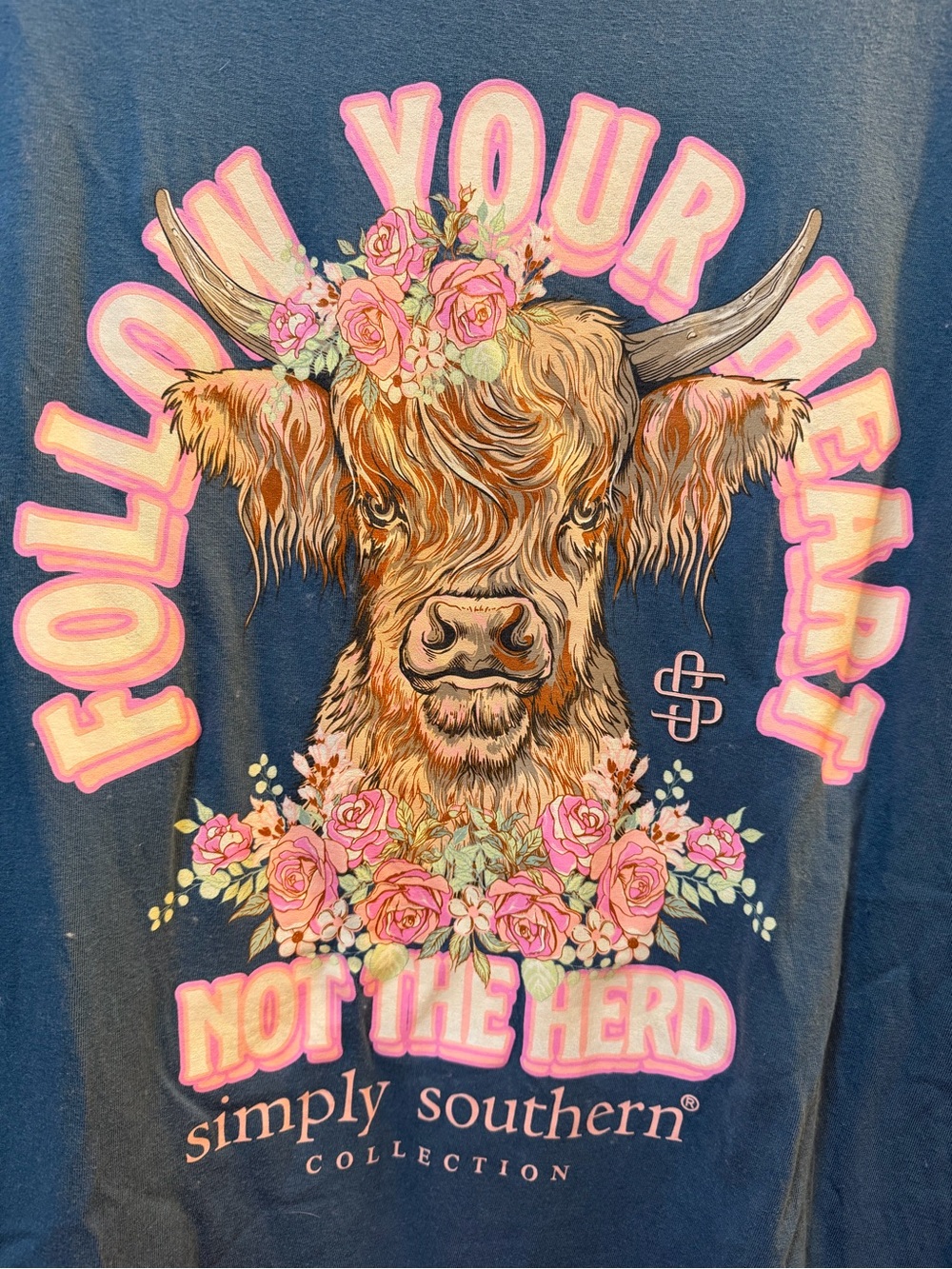 Simply Southern Womens Navy 'Follow Your Heart' Floral Cow Graphic Tee